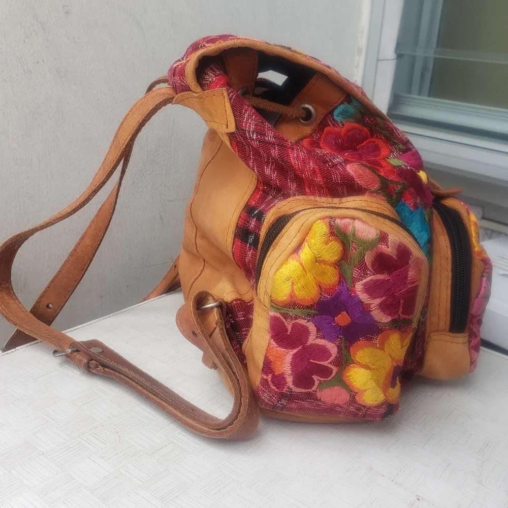 Mexican Leather mini Backpack Floral Embroidery multi hippie bag